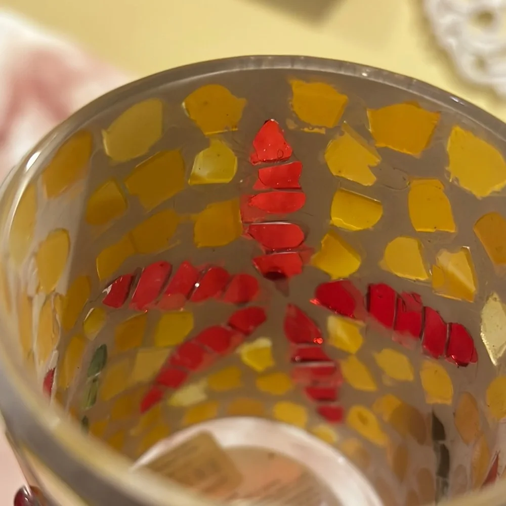 Crate & Barrel Stained Glass Pointsettia Mosaic Candle Holder w scented votifs R
